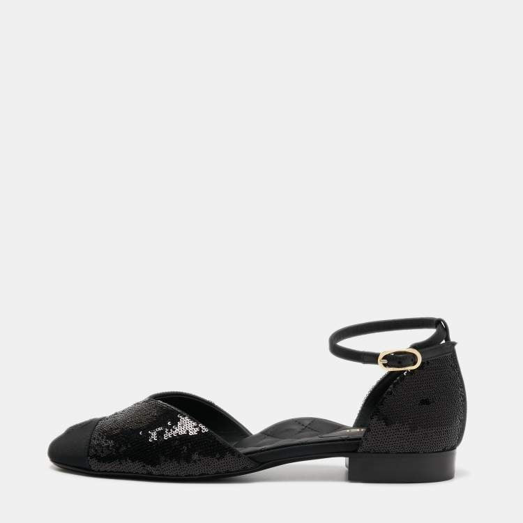 Chanel Black Sequins and Canvas CC Cap Toe Mary Jane Flats Size 39