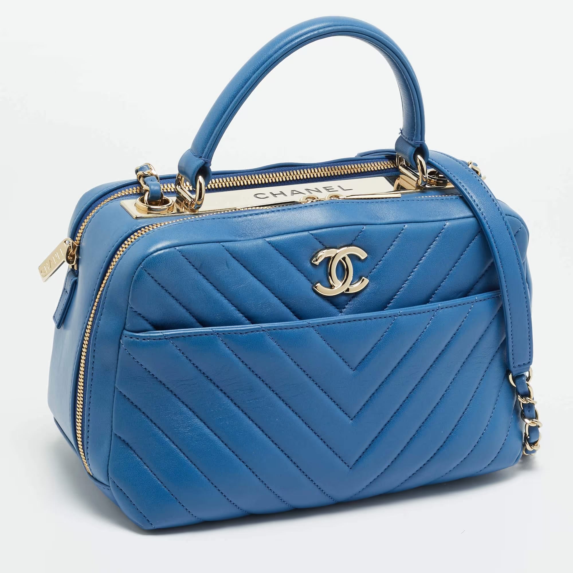 Chanel Trendy CC Medium Blue Chevron Leather Bowling Bag