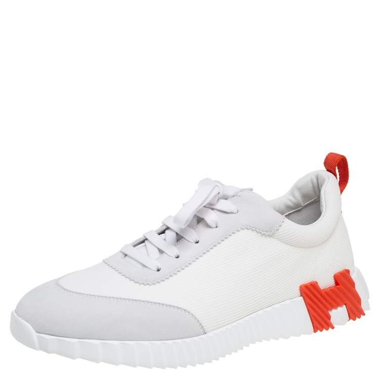 Hermes White Suede and Fabric Bouncing Sneakers Size 46
