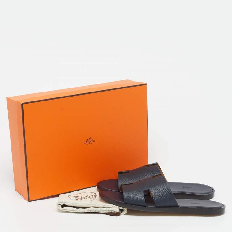 Hermès Izmir Size 43.5 Navy Blue Leather Flat Slides