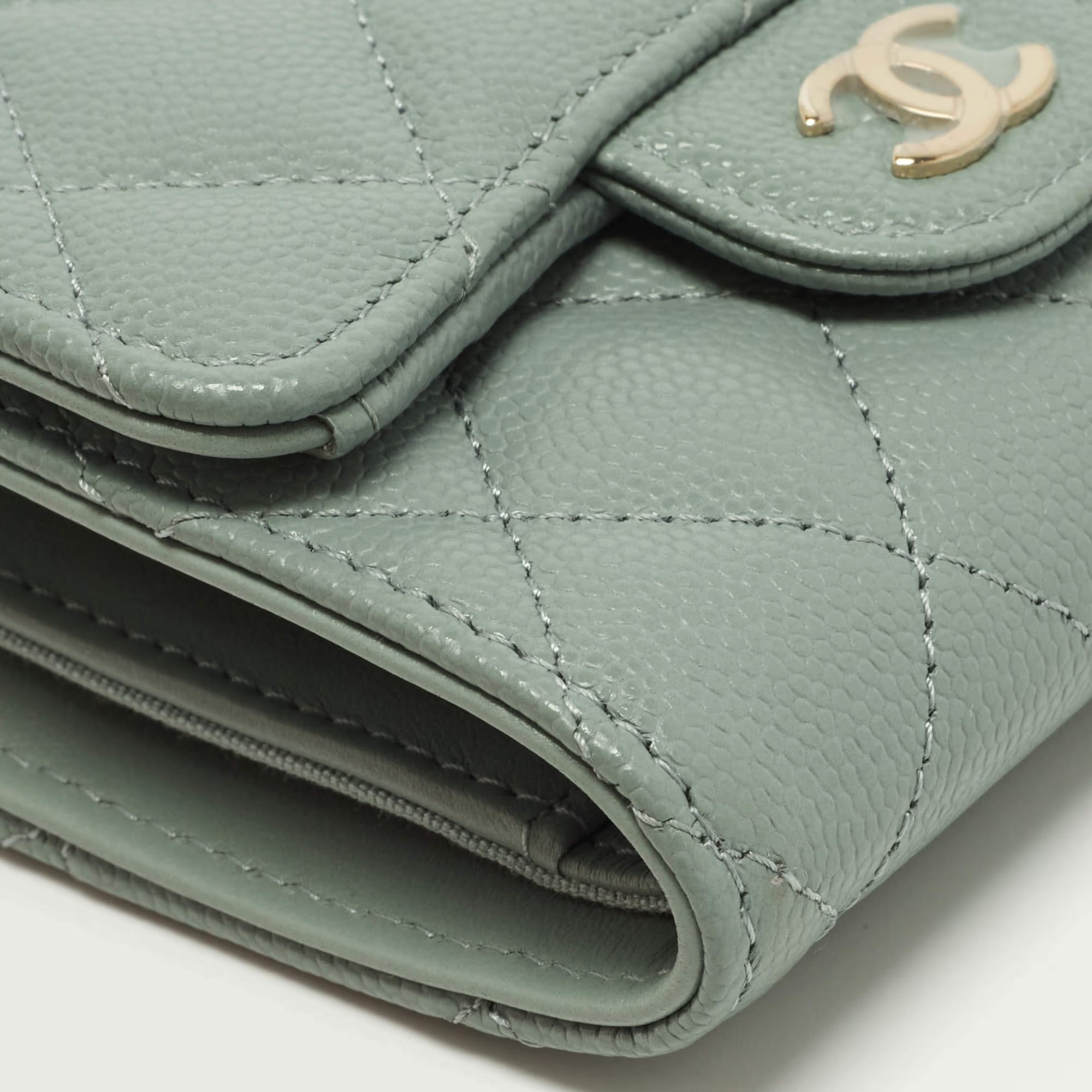 Chanel Classic Sage Green Quilted Caviar Leather Trifold Wallet