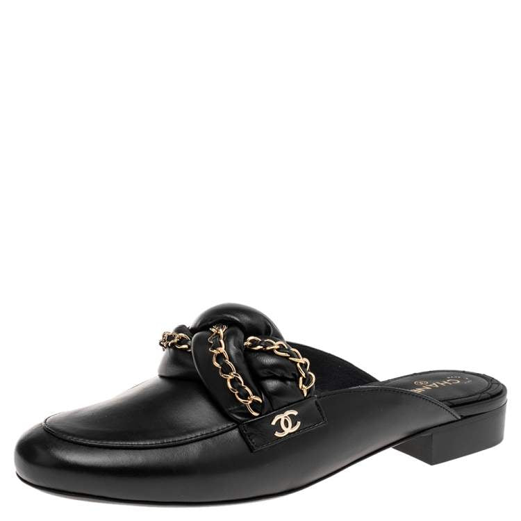Chanel Black Leather Braided Chain Mules Size 41
