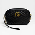 GUCCI SMALL MARMONT CAMERA BAG IN BLACK LEATHER WITH GOLD HARDWARE