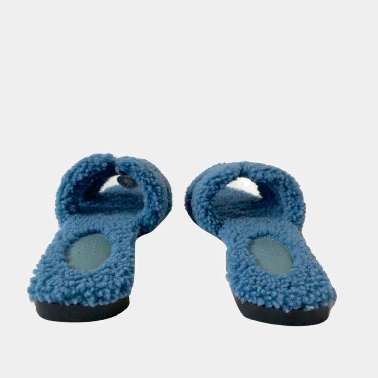 Hermes Blue Leather Oran Shearling Flats Size EU 37
