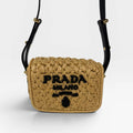 PRADA SMALL LOGO SHOULDER BAG IN NATURAL RAFFIA WITH GOLD HARDWARE