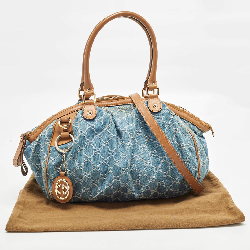 Gucci Sukey Medium Blue/Tan GG Denim Satchel