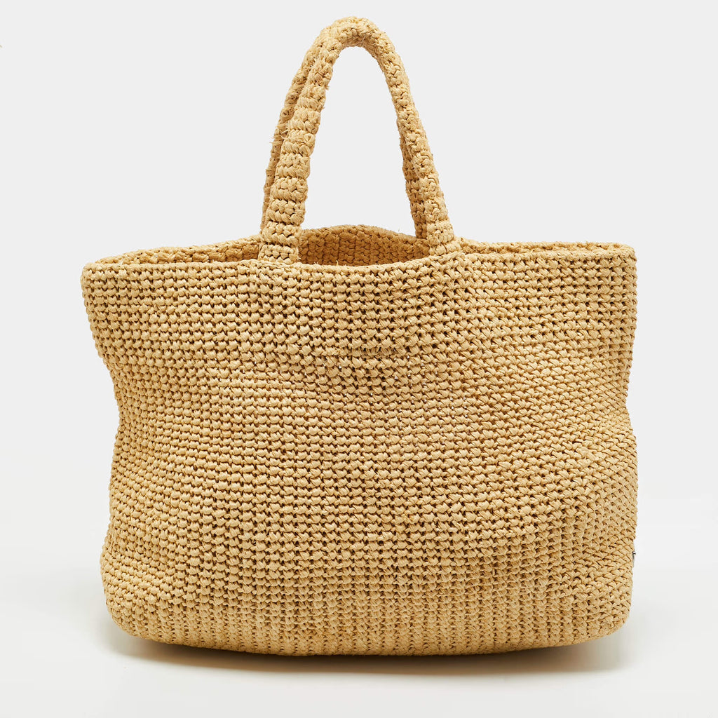 Prada Natural Raffia Logo Shopper Tote