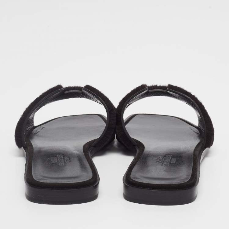Hermes Black Fur Oran Sandals Size 36