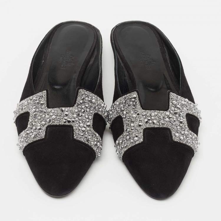 Hermes Black Suede Studded Roxane Mule Size 37