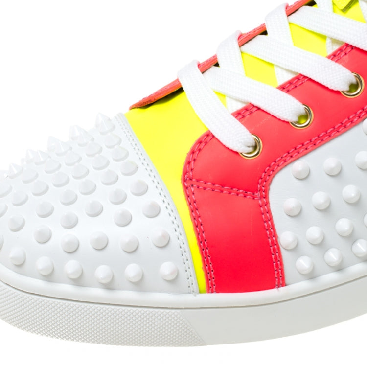 Christian Louboutin White Leather With Flourescent Matt Louis Spikes High Top Sneakers Size 45