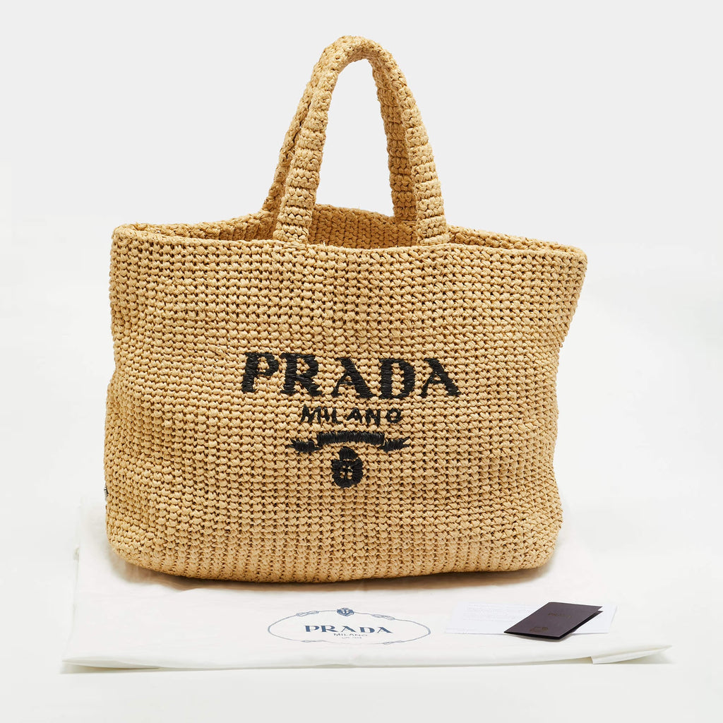 Prada Natural Raffia Logo Shopper Tote
