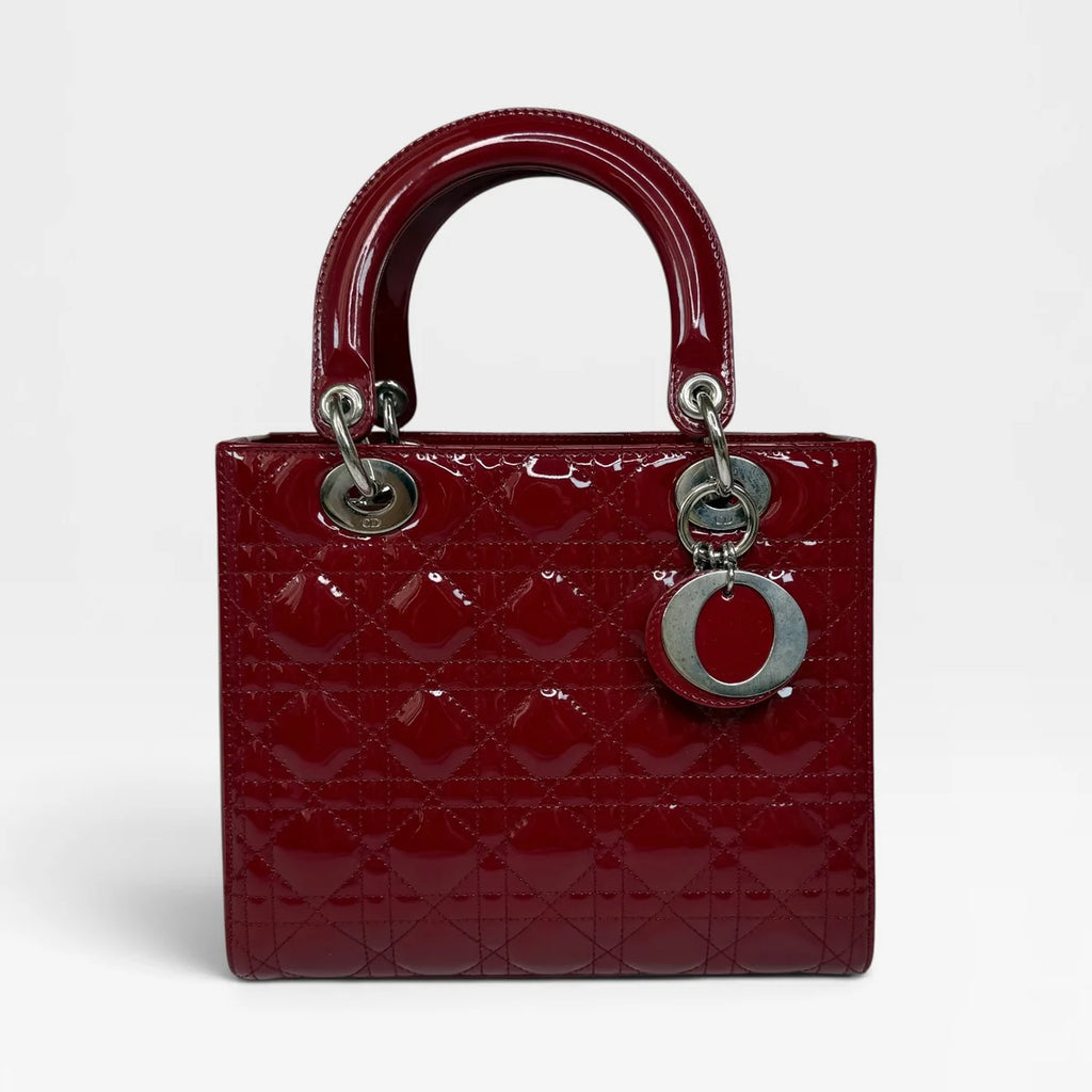 CHRISTIAN DIOR MEDIUM LADY DIOR IN PATENT RED LEATHER WITH SILVER HARDWARE