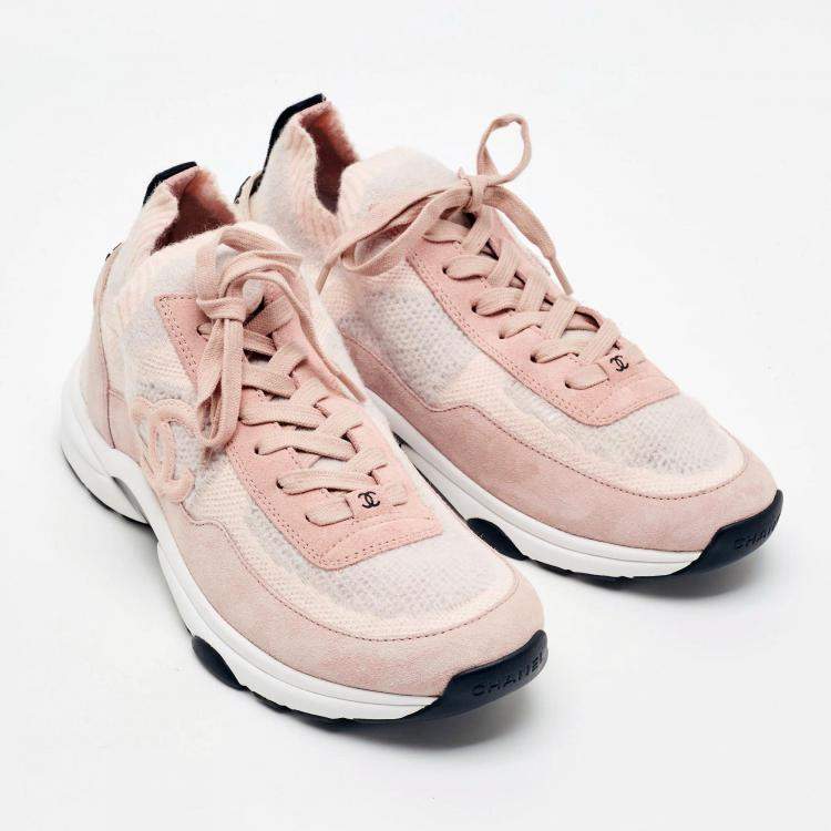Chanel CC Size 40.5 Two Tone Knit Fabric and Suede Lace Up Sneakers