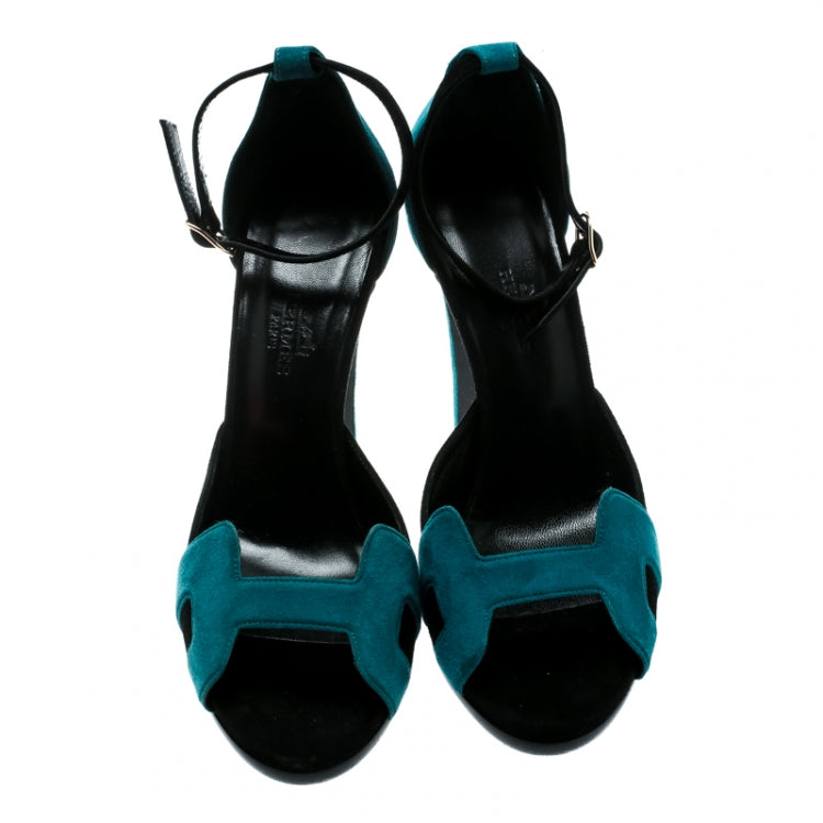 Hermes Blue/Black Suede Highlight Ankle Strap Sandals Size 37