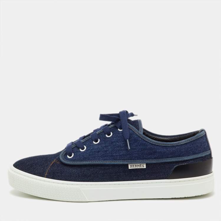 Hermes Navy Blue/Black Denim and Leather Envy Low Top Sneakers Size 43