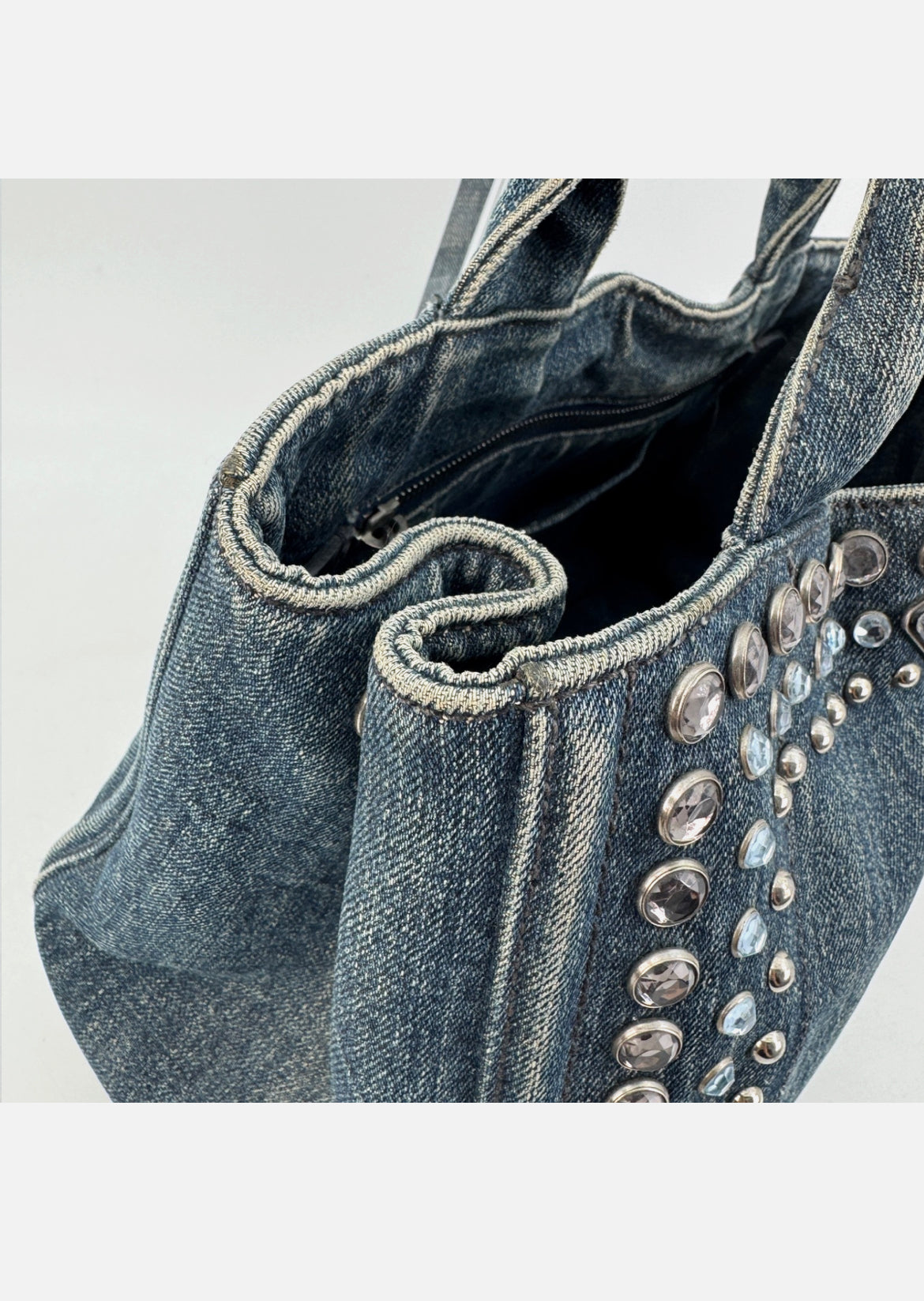 PRADA Canapa Tote Bag Bijoux Rhinestones Studs Denim Blue Bag