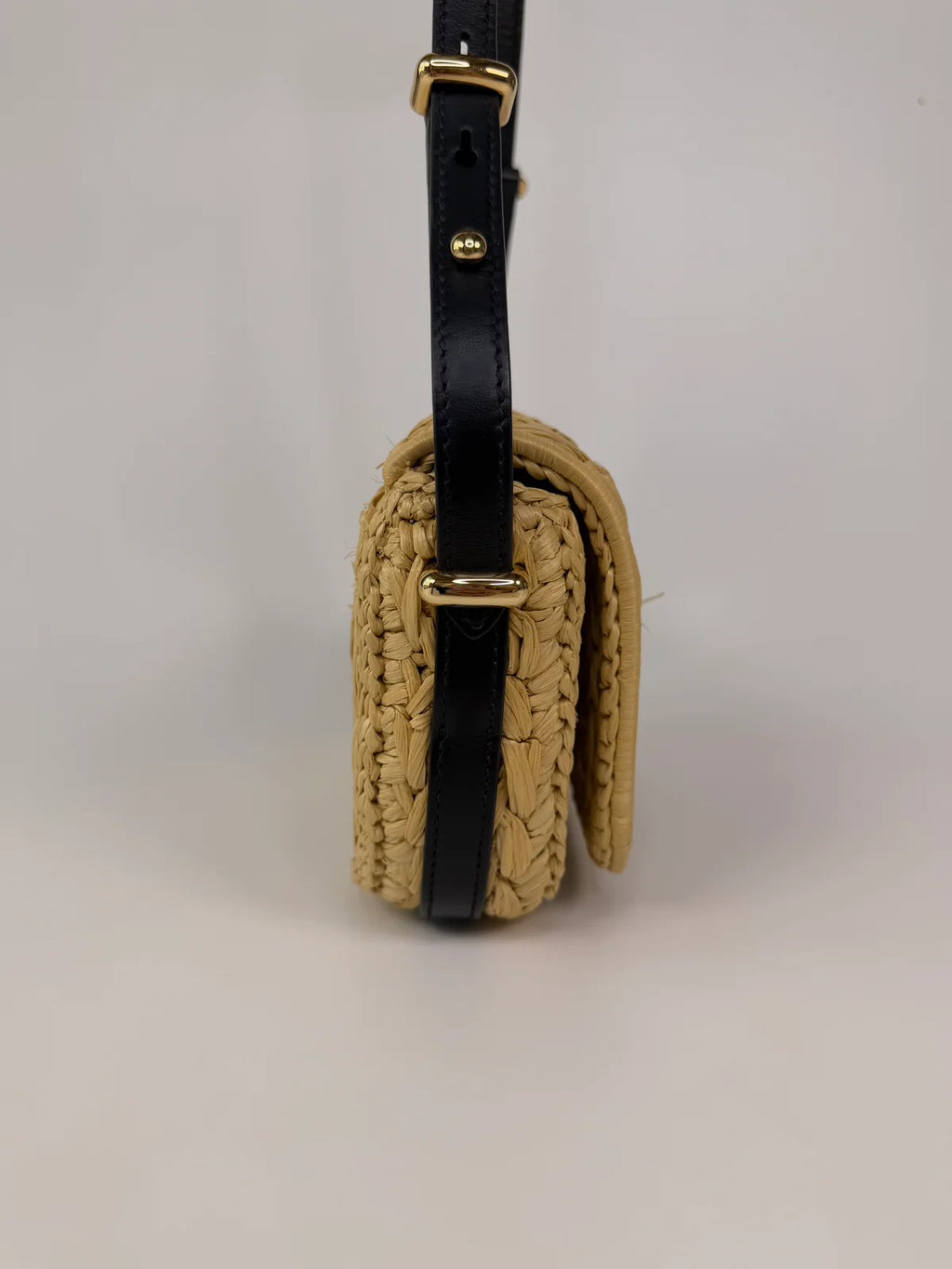 PRADA SMALL LOGO SHOULDER BAG IN NATURAL RAFFIA WITH GOLD HARDWARE