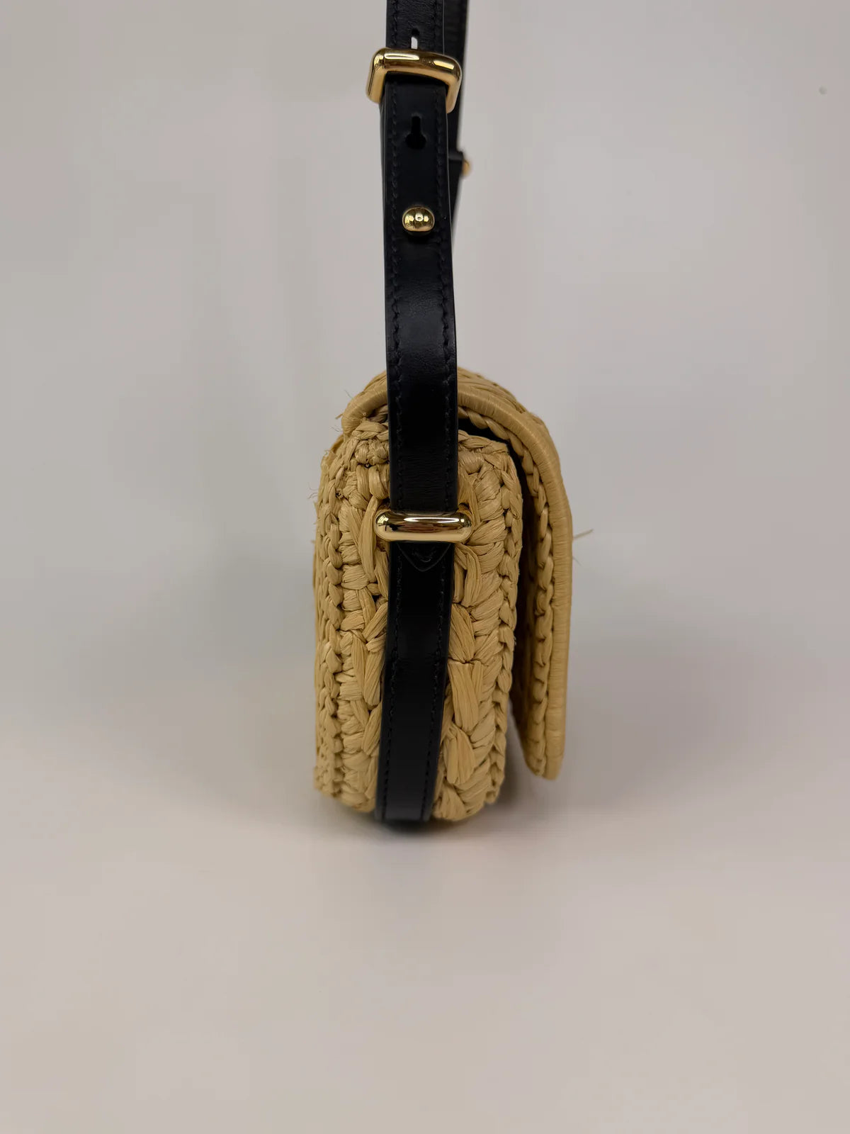 PRADA SMALL LOGO SHOULDER BAG IN NATURAL RAFFIA WITH GOLD HARDWARE