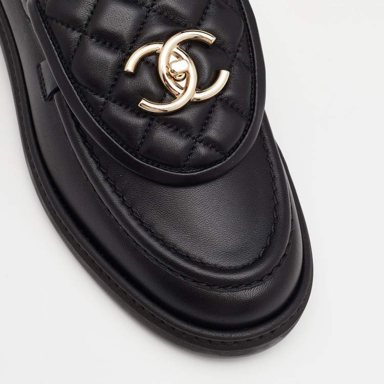 Chanel Black Quilted Leather CC Turnlock Loafers Size 37