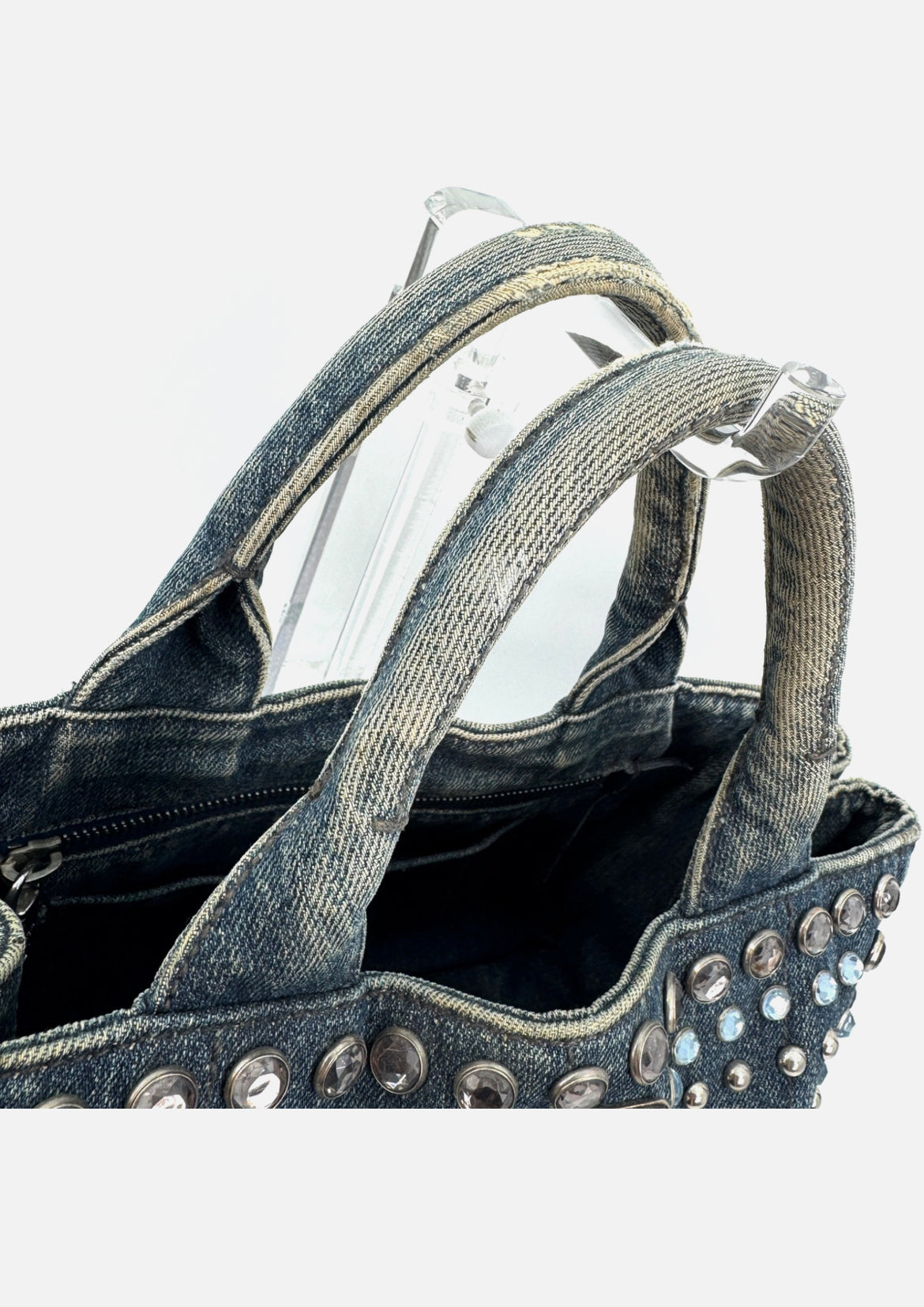 PRADA Canapa Tote Bag Bijoux Rhinestones Studs Denim Blue Bag
