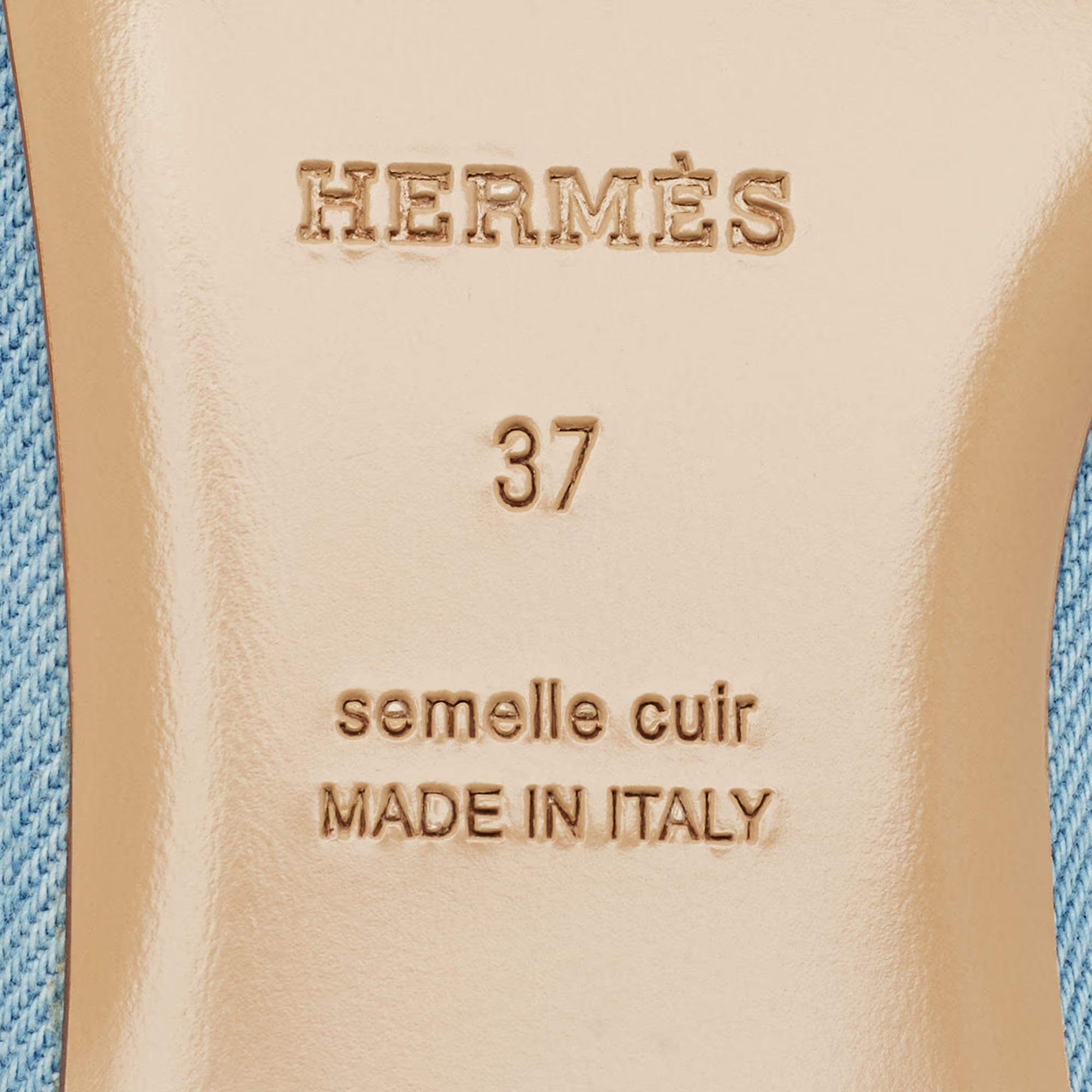 Hermes Groupie Size 37 Blue/Brown Denim and Leather Flat Mules