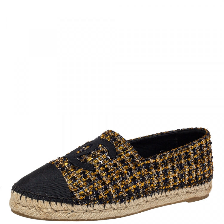 Chanel Black/Gold Tweed And Fabric CC Flat Espadrilles Size 39