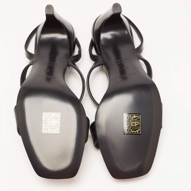 Hermes Black Leather Glamour Slingback Sandals Size 36