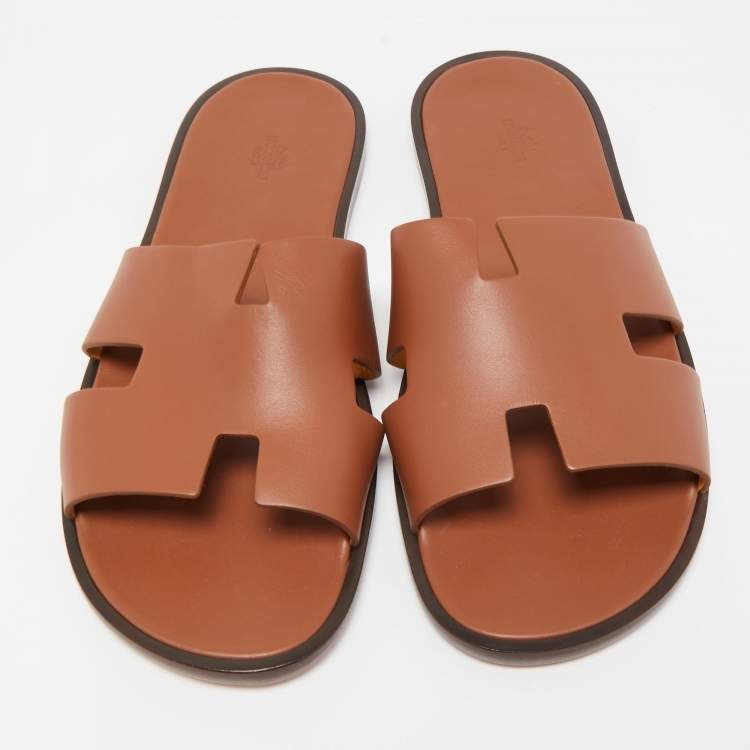 Hermes Brown Leather Izmir Slide Flats Size 47