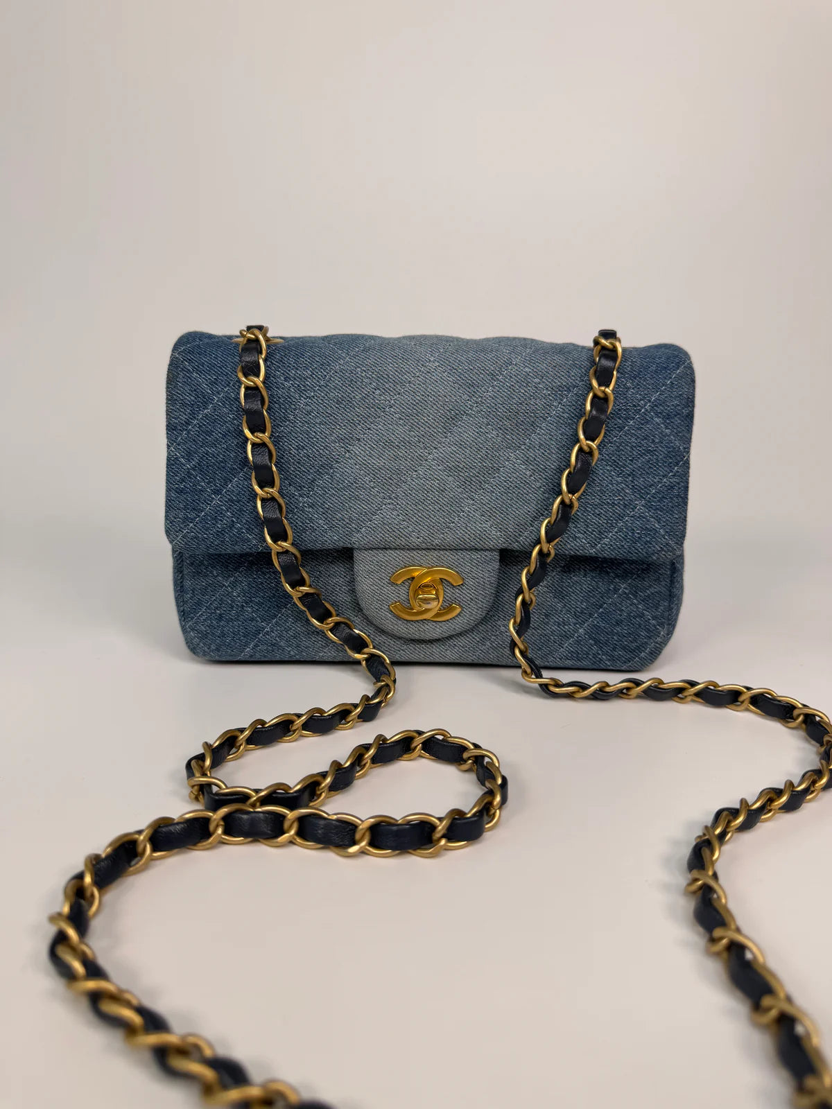 CHANEL MINI RECTANGLE IN BLUE DENIM WITH GOLD HARDWARE