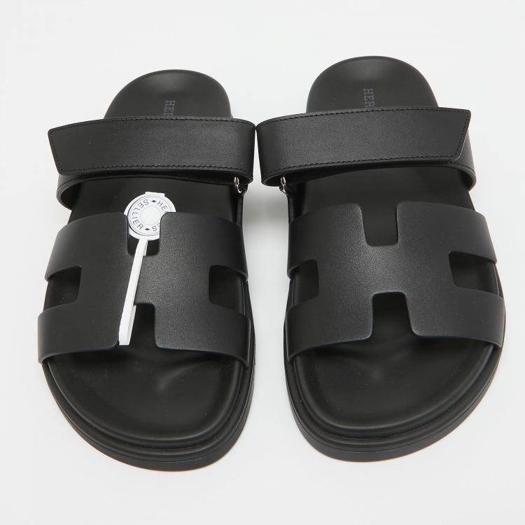 Hermes Black Leather Chypre Sandals 36