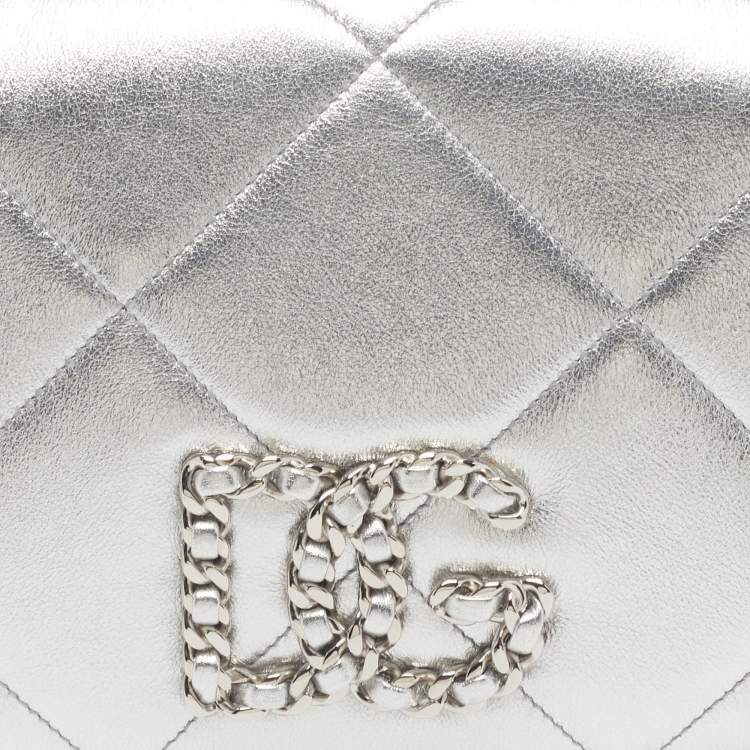 Dolce & Gabbana DG Logo Chain Silver Quilted Leather Shoulder Bag