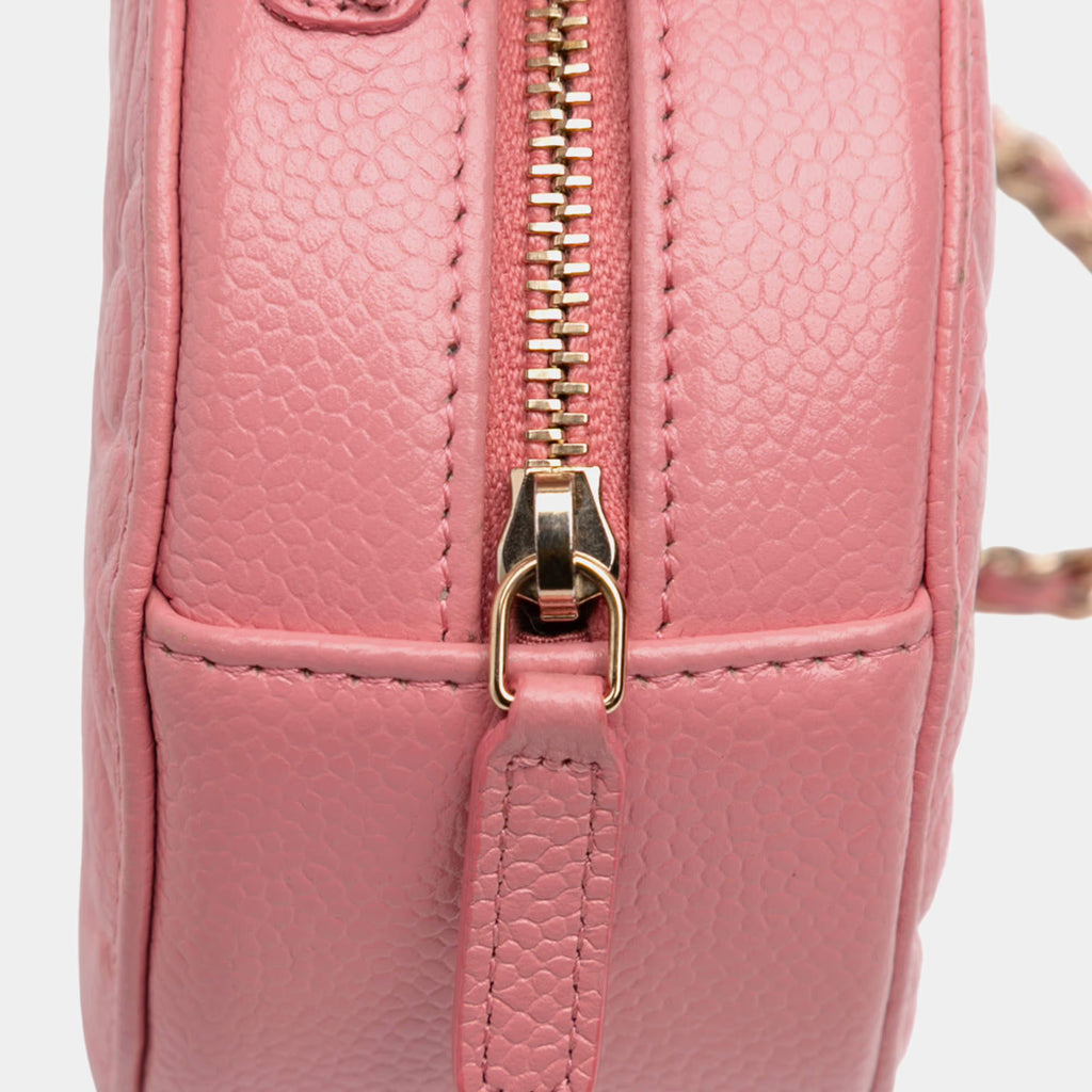 Chanel Pink CC Embossed Caviar Camellia Round Clutch With Chain