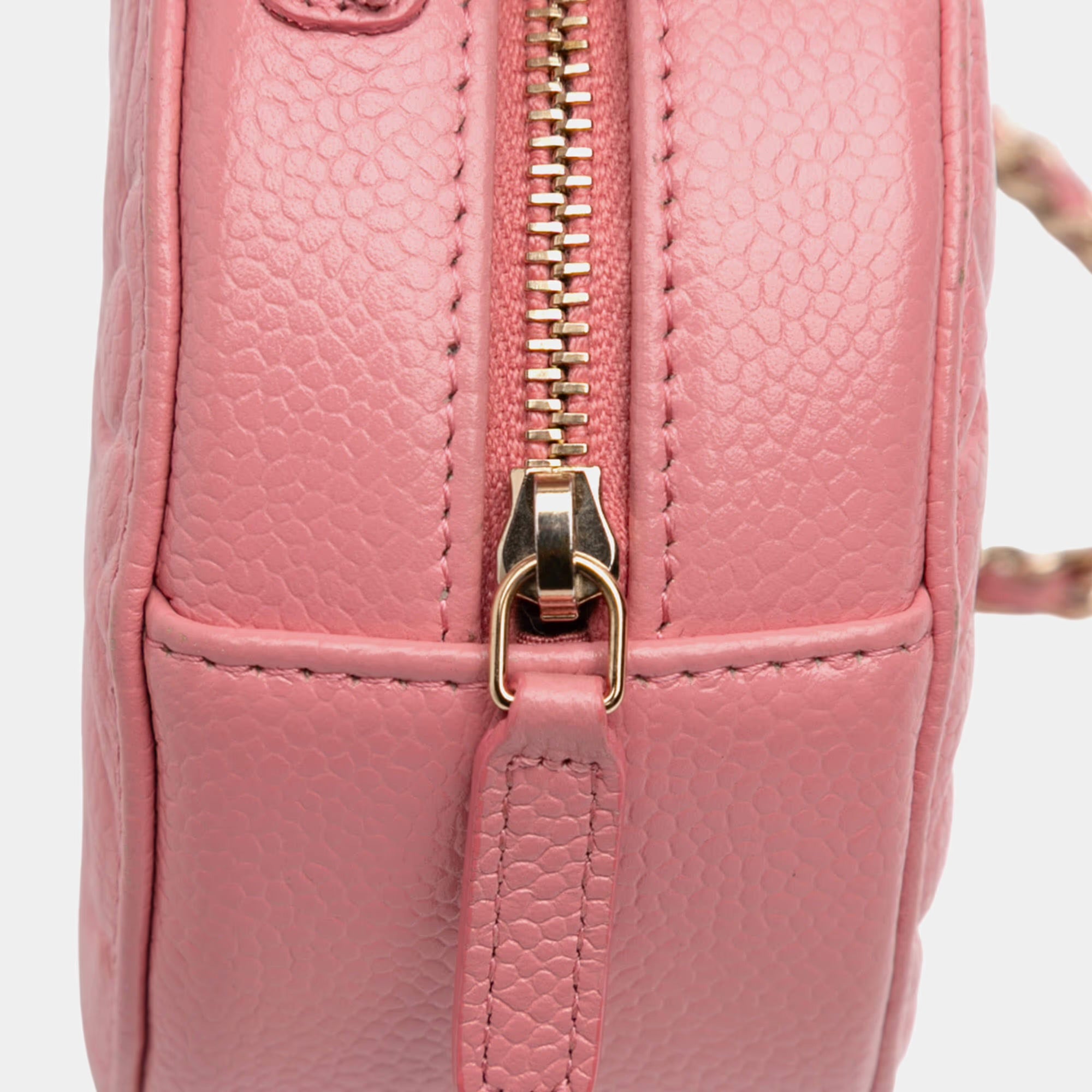 Chanel Pink CC Embossed Caviar Camellia Round Clutch With Chain