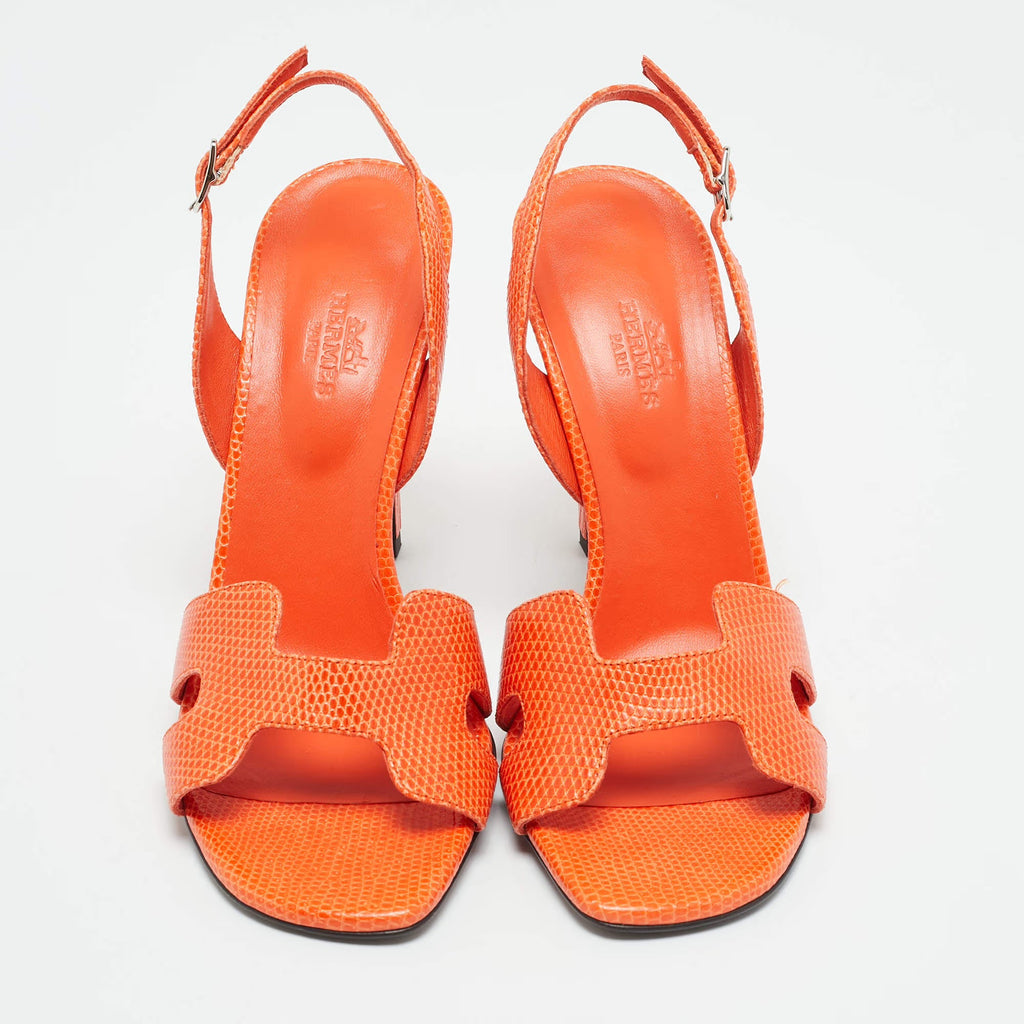 Hermès Holy Size 36.5 Orange Lizard Leather Slingback Sandals