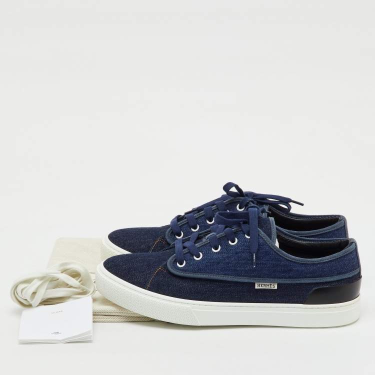 Hermes Navy Blue/Black Denim and Leather Envy Low Top Sneakers Size 43