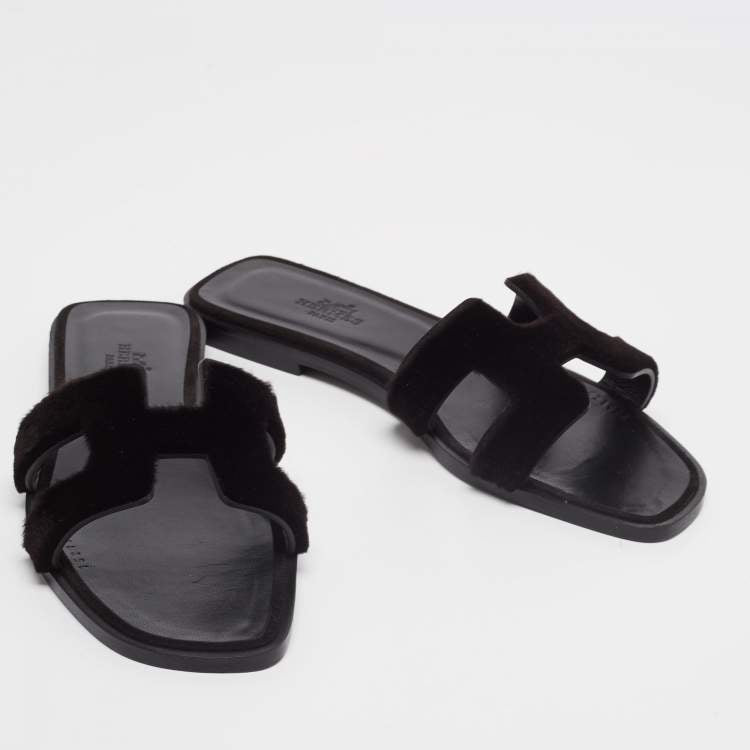 Hermes Black Fur Oran Sandals Size 36