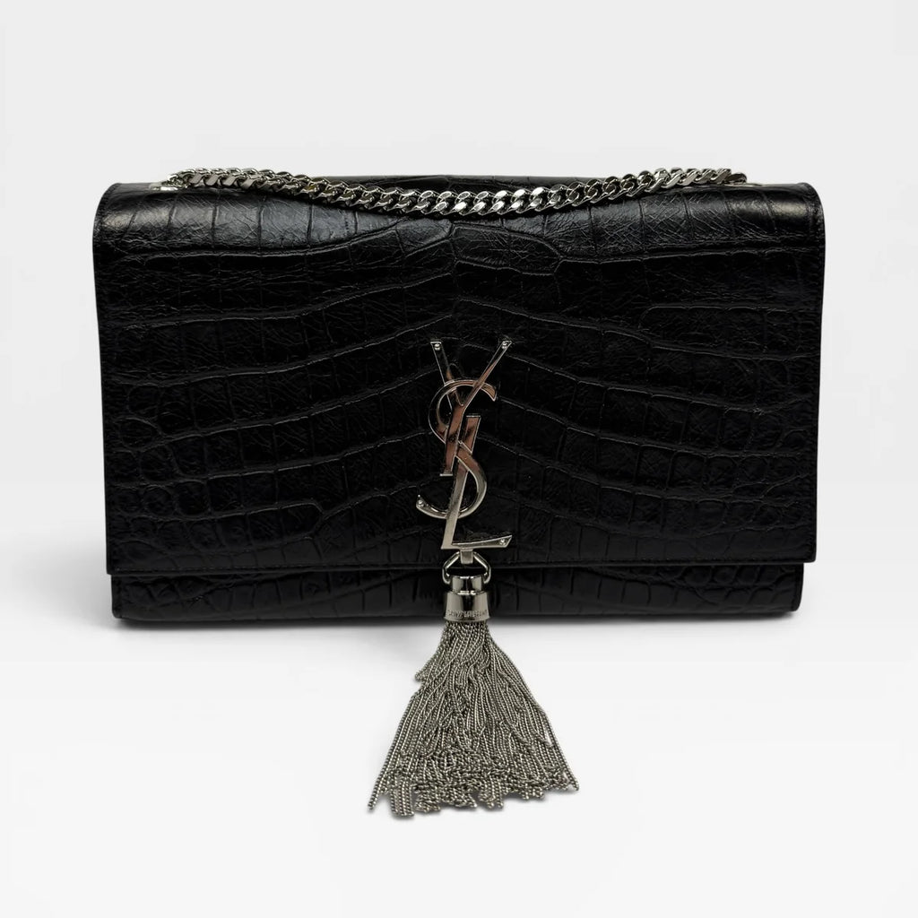 SAINT LAURENT BLACK CROC EMBOSSED KATE TASSEL BAG