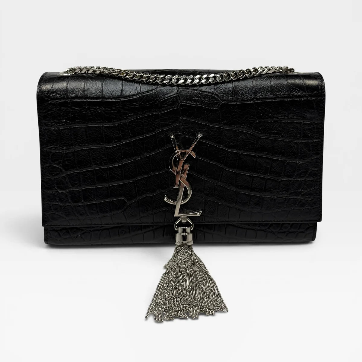 SAINT LAURENT BLACK CROC EMBOSSED KATE TASSEL BAG