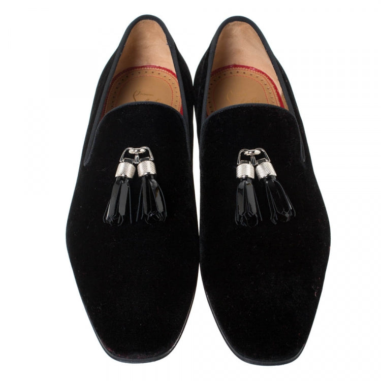 Christian Louboutin Black Velvet Rivalion Slip On Loafers Size 43