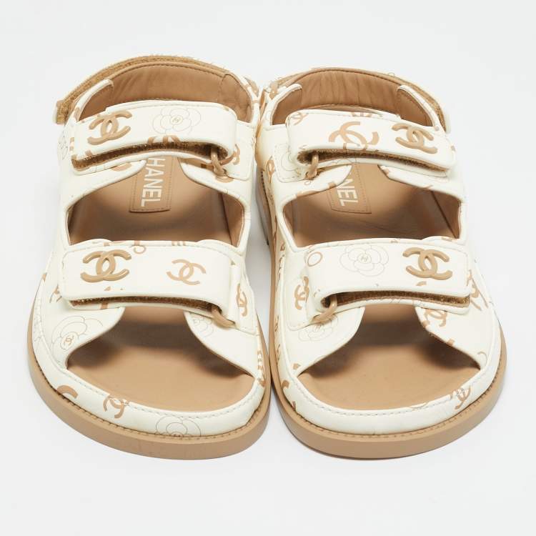 Chanel White Leather Dad Flat Sandals Size 38.5