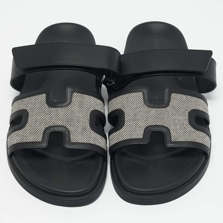 Hermes Black/White Leather and Canvas H Maxi Chypre Flat Sandals Size 45.5