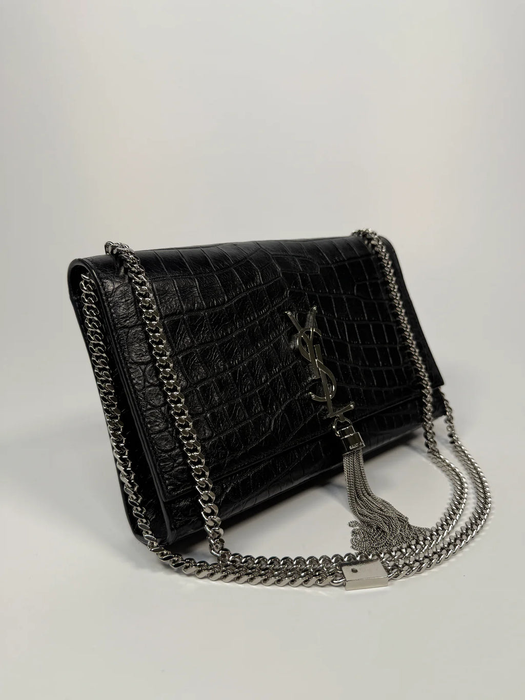 SAINT LAURENT BLACK CROC EMBOSSED KATE TASSEL BAG