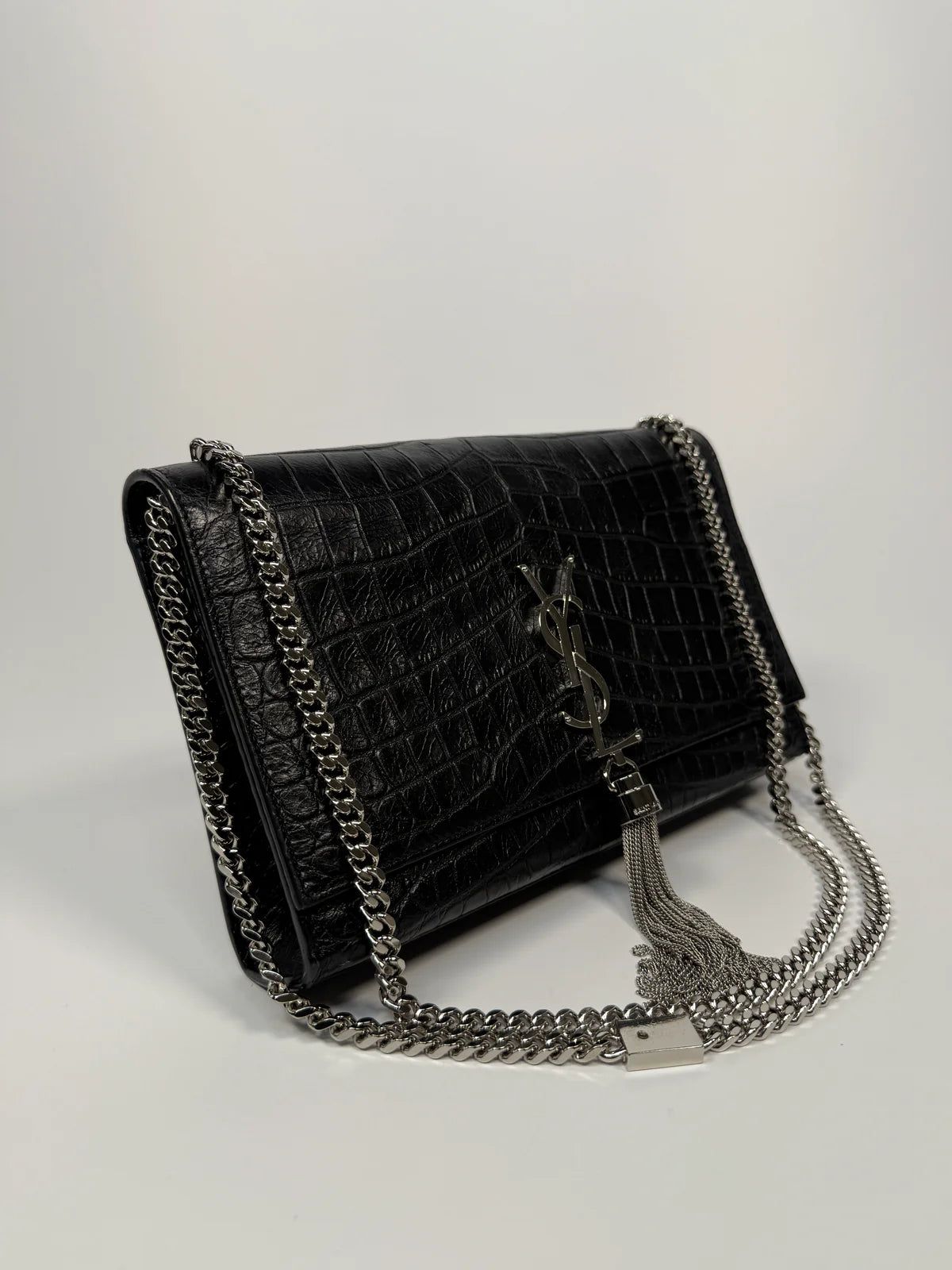 SAINT LAURENT BLACK CROC EMBOSSED KATE TASSEL BAG