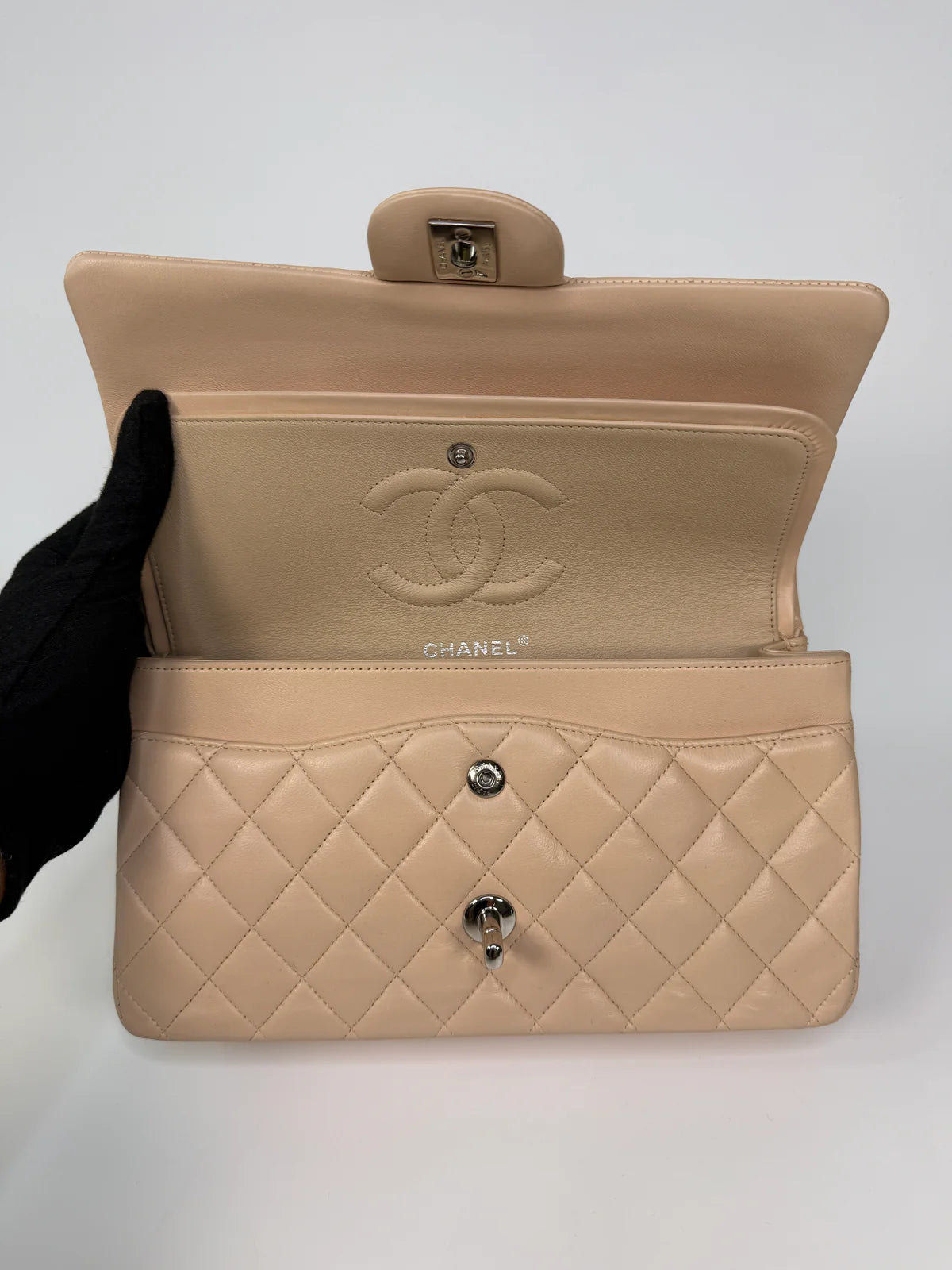 CHANEL MEDIUM CLASSIC DOUBLE FLAP LIGHT BEIGE LAMBSKIN LEATHER WITH SILVER HARDWARE