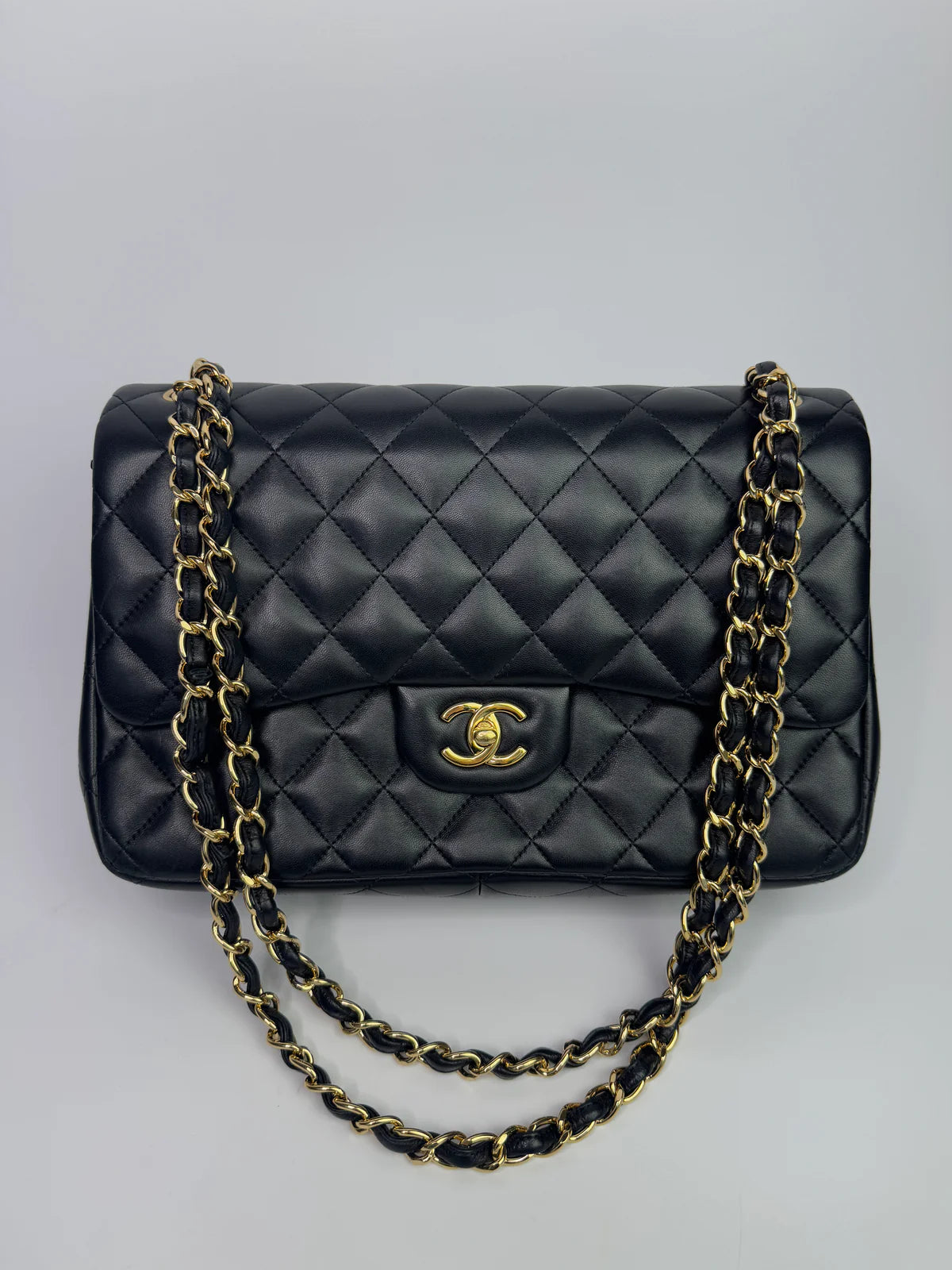 CHANEL BLACK LAMBSKIN LEATHER JUMBO CLASSIC DOUBLE FLAP GOLD HARDWARE