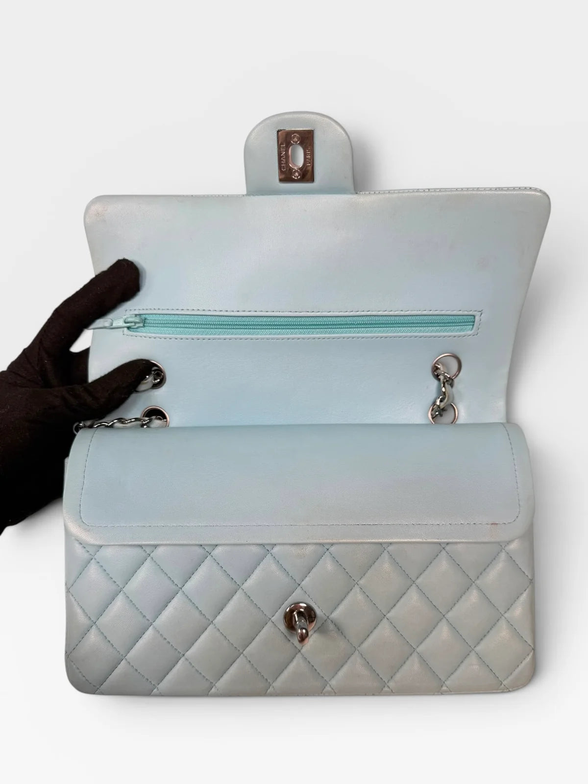 CHANEL MEDIUM DOUBLE CLASSIC FLAP LIGHT BLUE LAMBSKIN SILVER HARDWARE