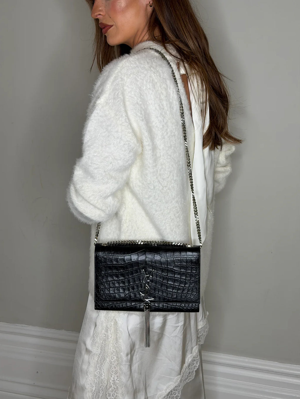 SAINT LAURENT BLACK CROC EMBOSSED KATE TASSEL BAG