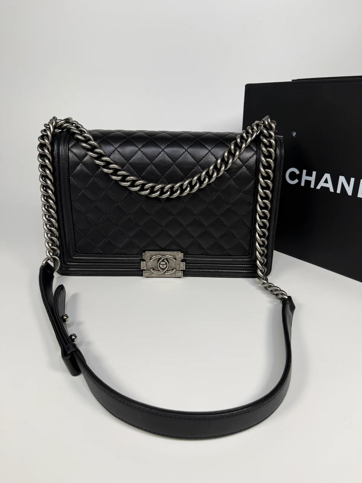 CHANEL BLACK LAMBSKIN LEATHER LARGE BOY BAG WITH RHW