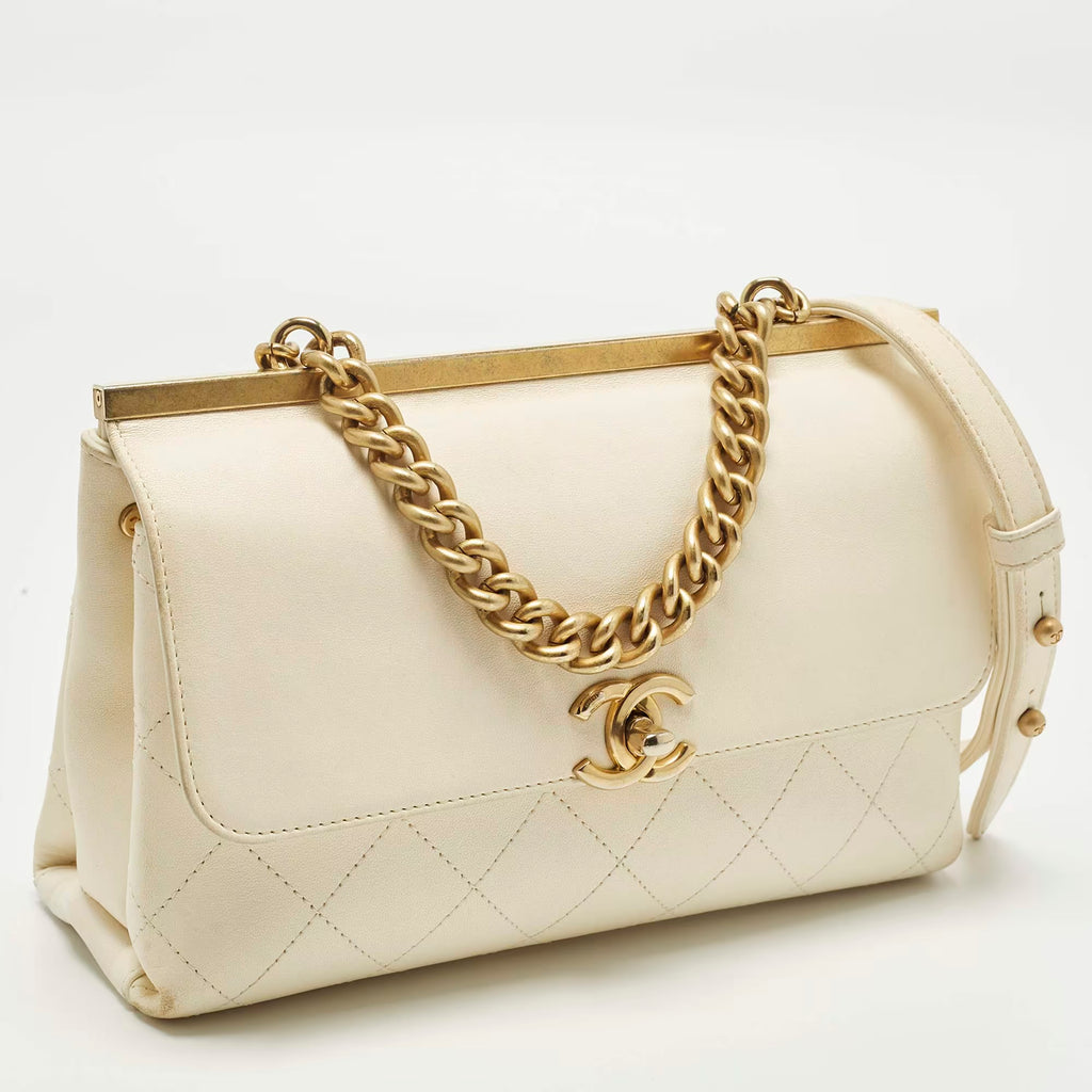 Chanel Coco Luxe Small Off White Quilted Leather Flap Bag