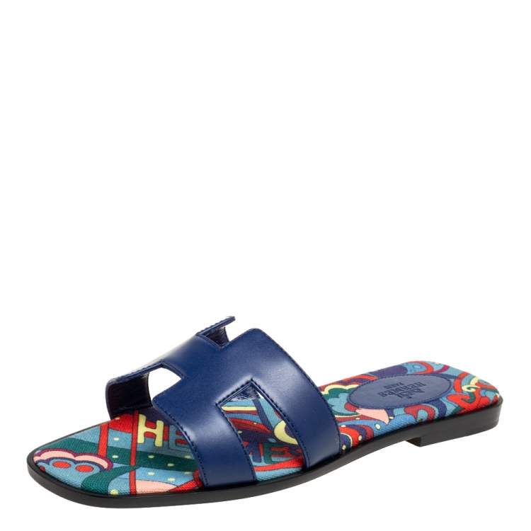 Hermes Navy Blue Leather Oran Flat Slide Sandals Size 36